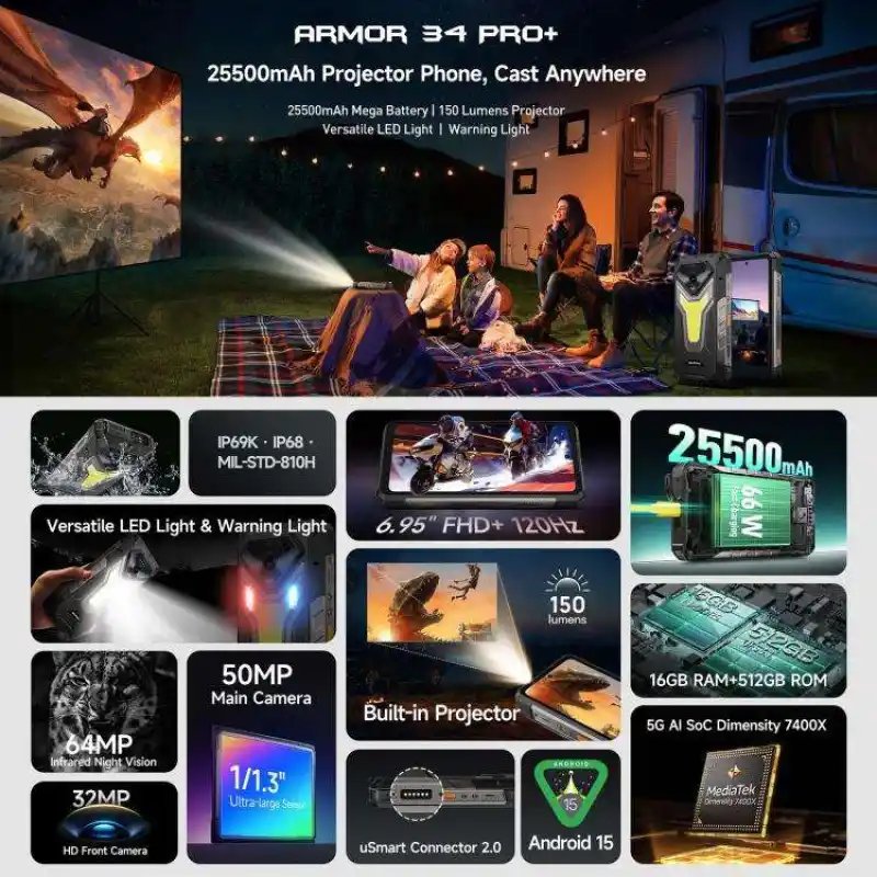 Ulefone Armor 34 Pro+ Projector Night Vision Rugged Phone 16GB+512GB 6.95 Inch Android 15 Mobile Phone 25500mAh 66W Fast Charge