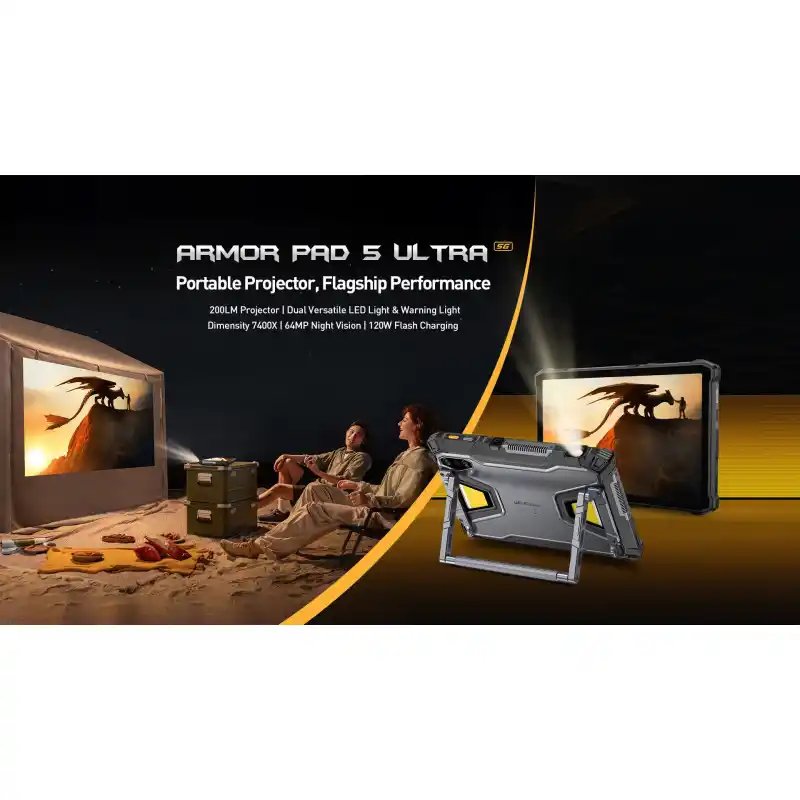 Ulefone Armor Pad 5 Ultra Tablet PC with Projector 12+512GB 64MP Main 24200mAh Android 15 Camping Light Ulefone Rugged Pad